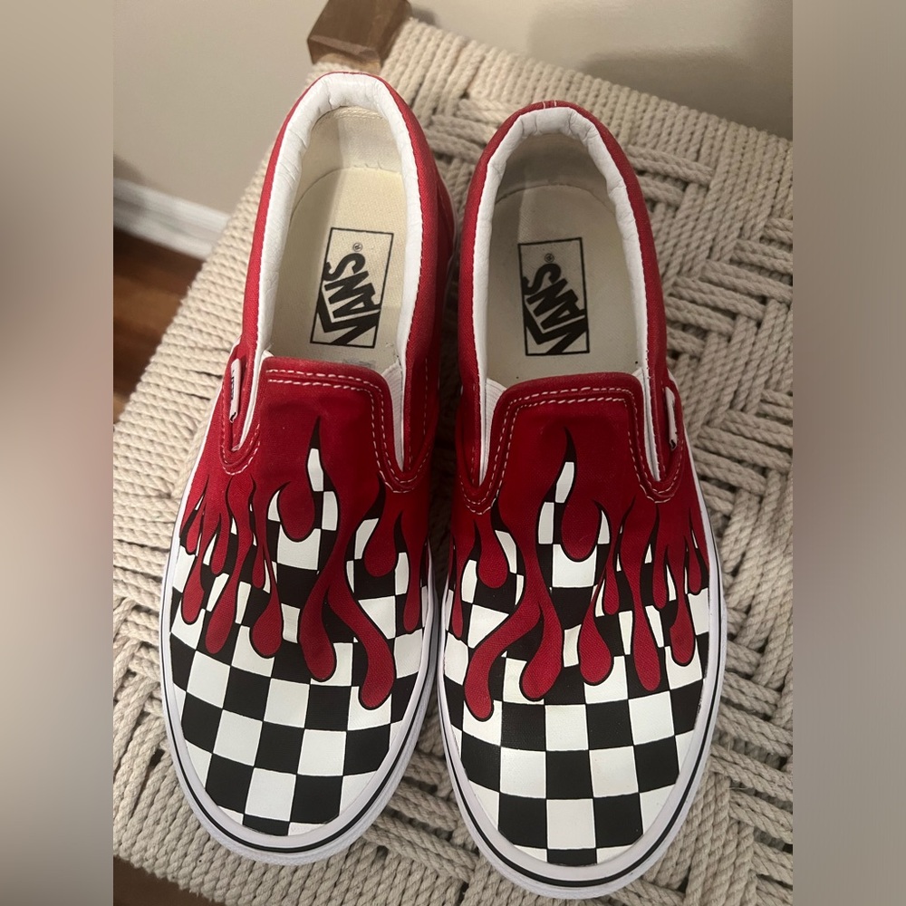 Vans Red and Black Flame Checkered Slip-On Sneakers